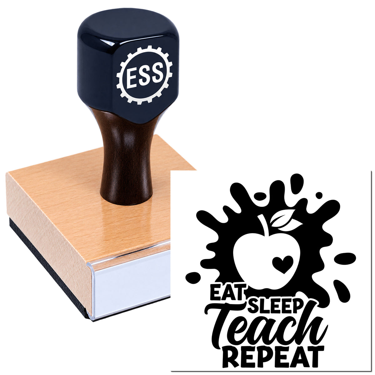 Black ESS rubber stamp and seal with wooden block, printing an apple graphic and "Eat Sleep Teach Repeat" in black.