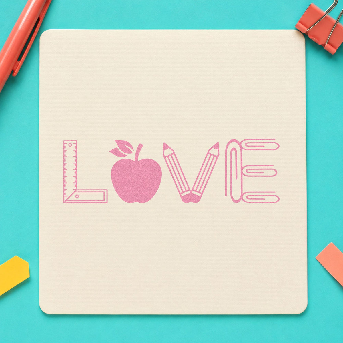 Love School Supplies craft stamp in purple ink on cardstock, an easy option for school list tags.
