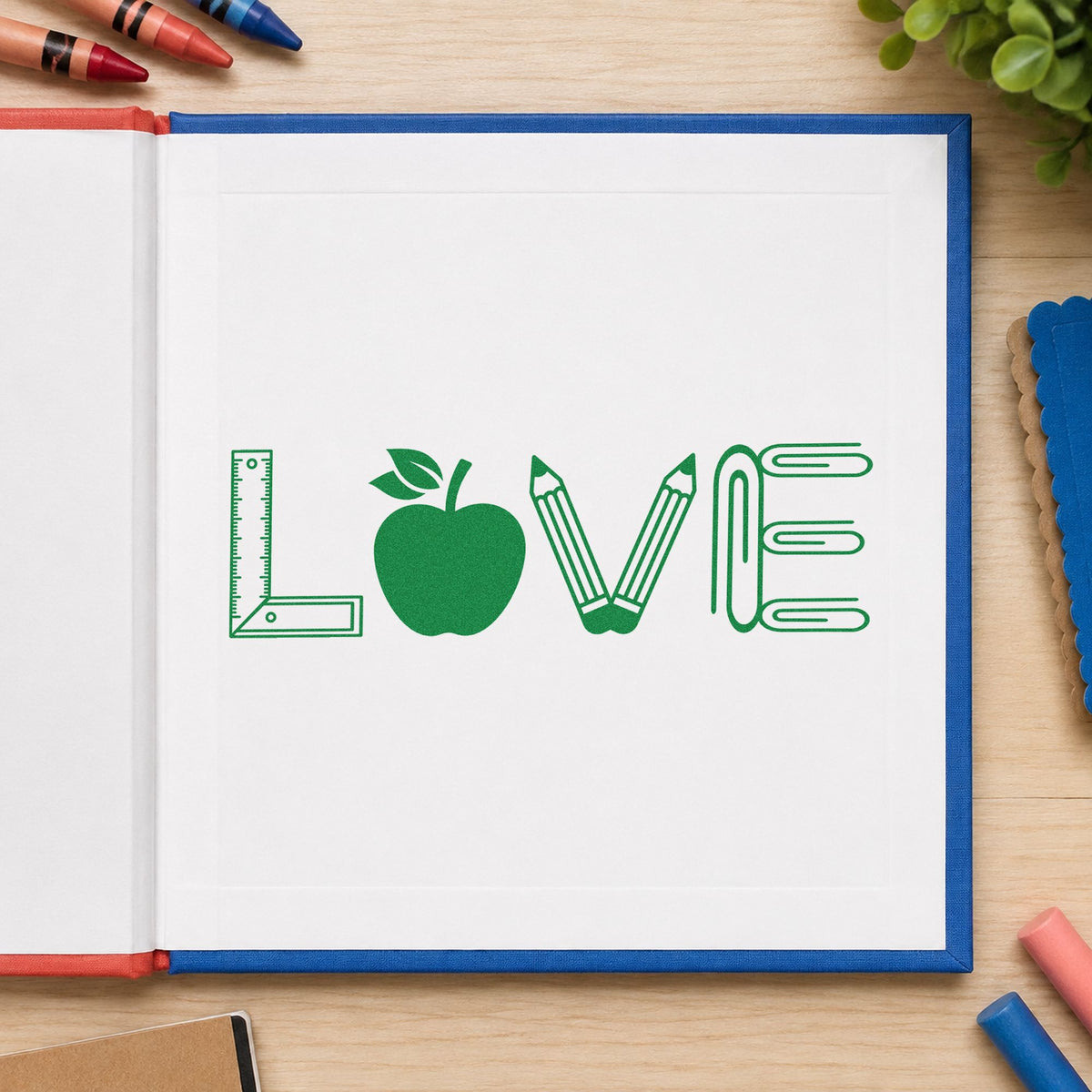 Love School Supplies craft stamp imprint in green ink on a handmade project, one idea being inventory count pages.