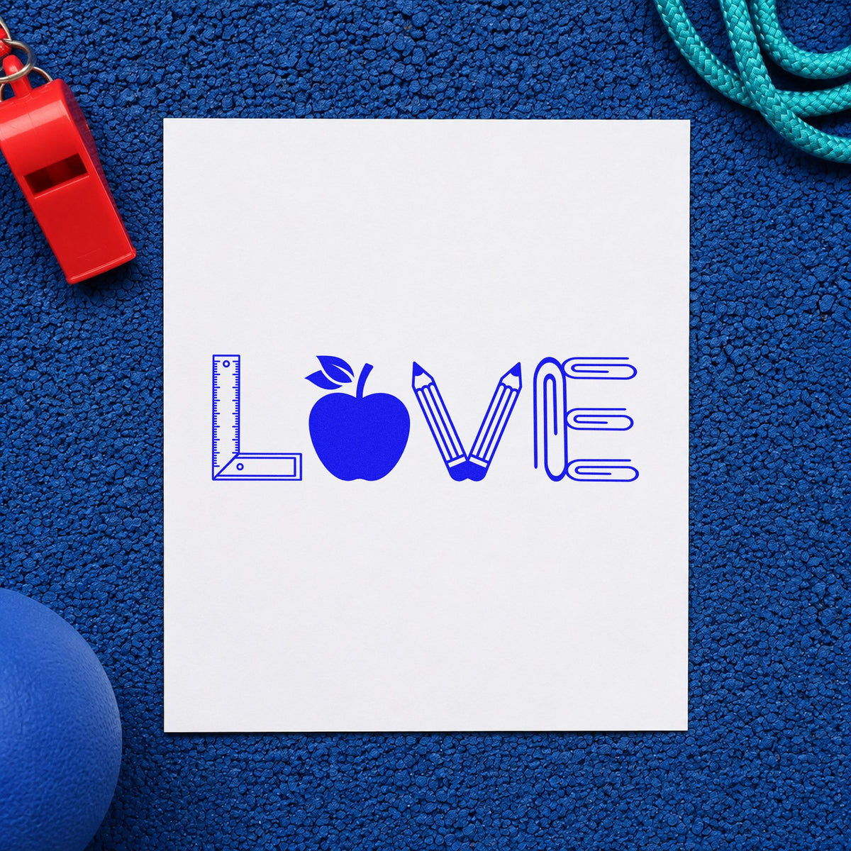 Love School Supplies craft stamp imprinted in blue ink on paper, a design suited to drawer tray labels.