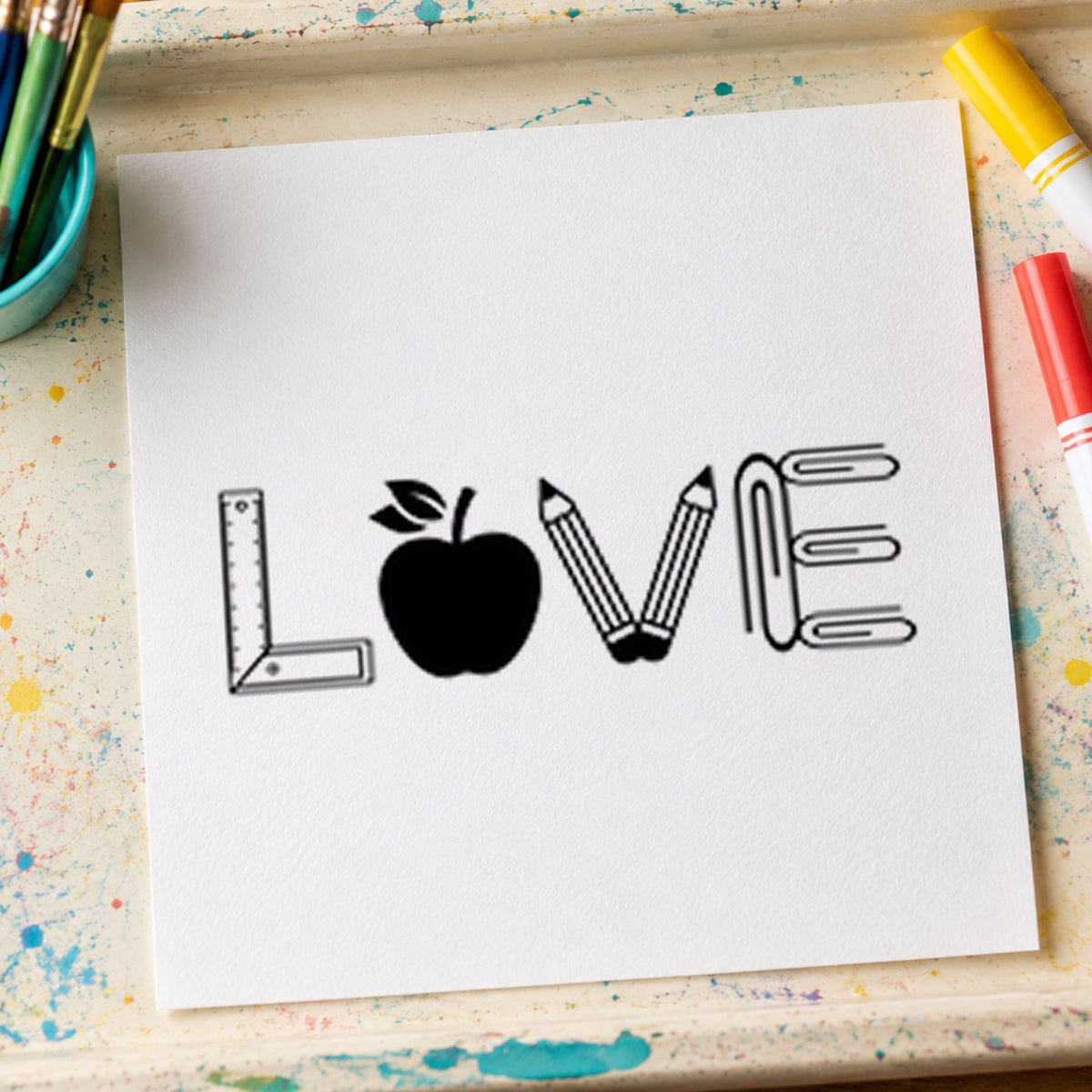 Love School Supplies rubber stamp printed in black ink, ready for supply letter cards and similar paper crafts.