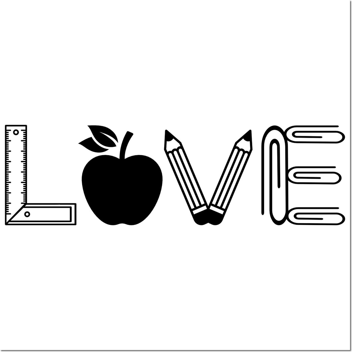 Black LOVE stamp design in black, with ruler L, apple O, pencils V, and paperclip E for school seals.