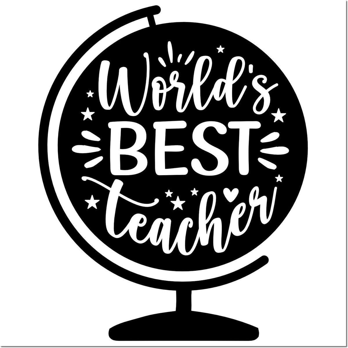 Black round stamp seal with white Worlds Best Teacher lettering, stars, and globe stand.