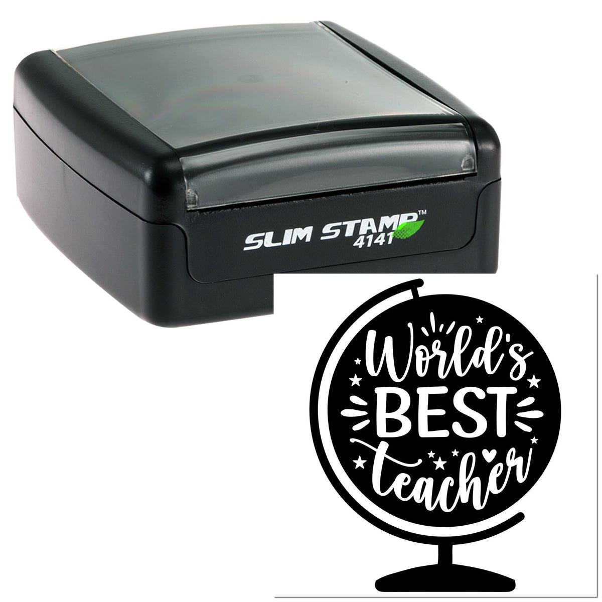 Black Slim Stamp 4141 self-inking stamp with custom World's Best Teacher seal in black and white.