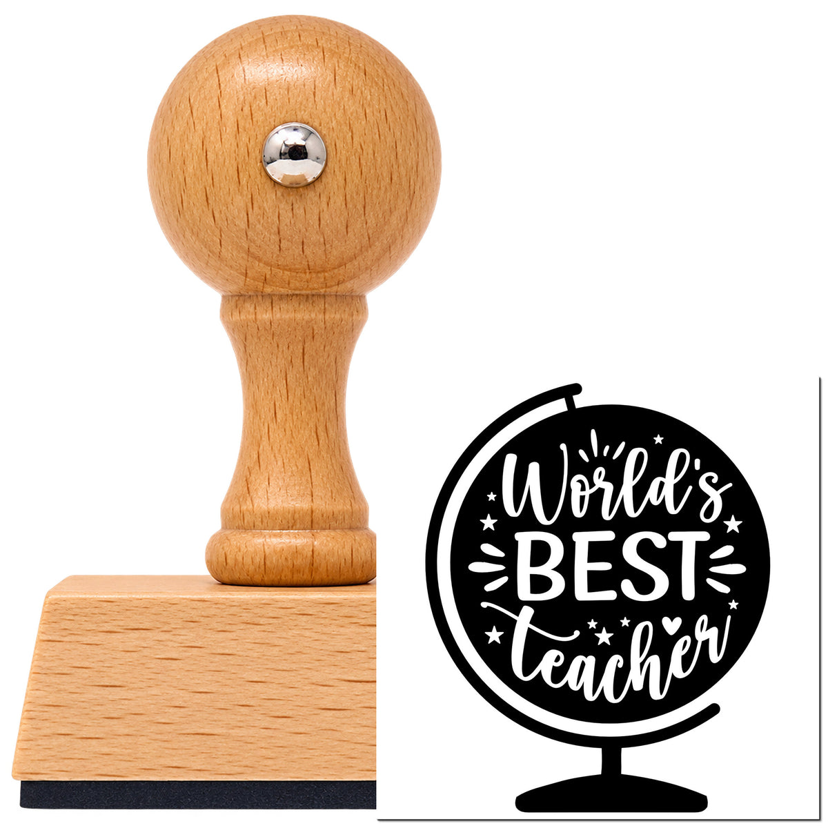 Vintage Pro beech wood stamp with a round knob handle, shown with its black World's Best Teacher Globe imprint on white.