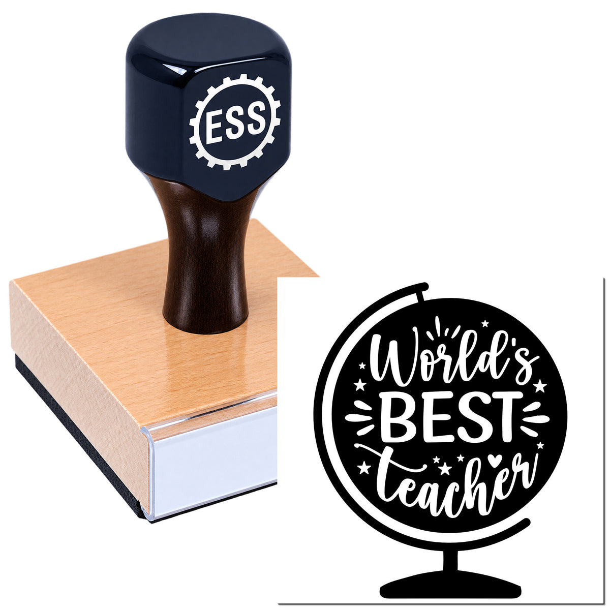 Navy ESS rubber stamp on wooden base with black-and-white World's Best Teacher seal design.