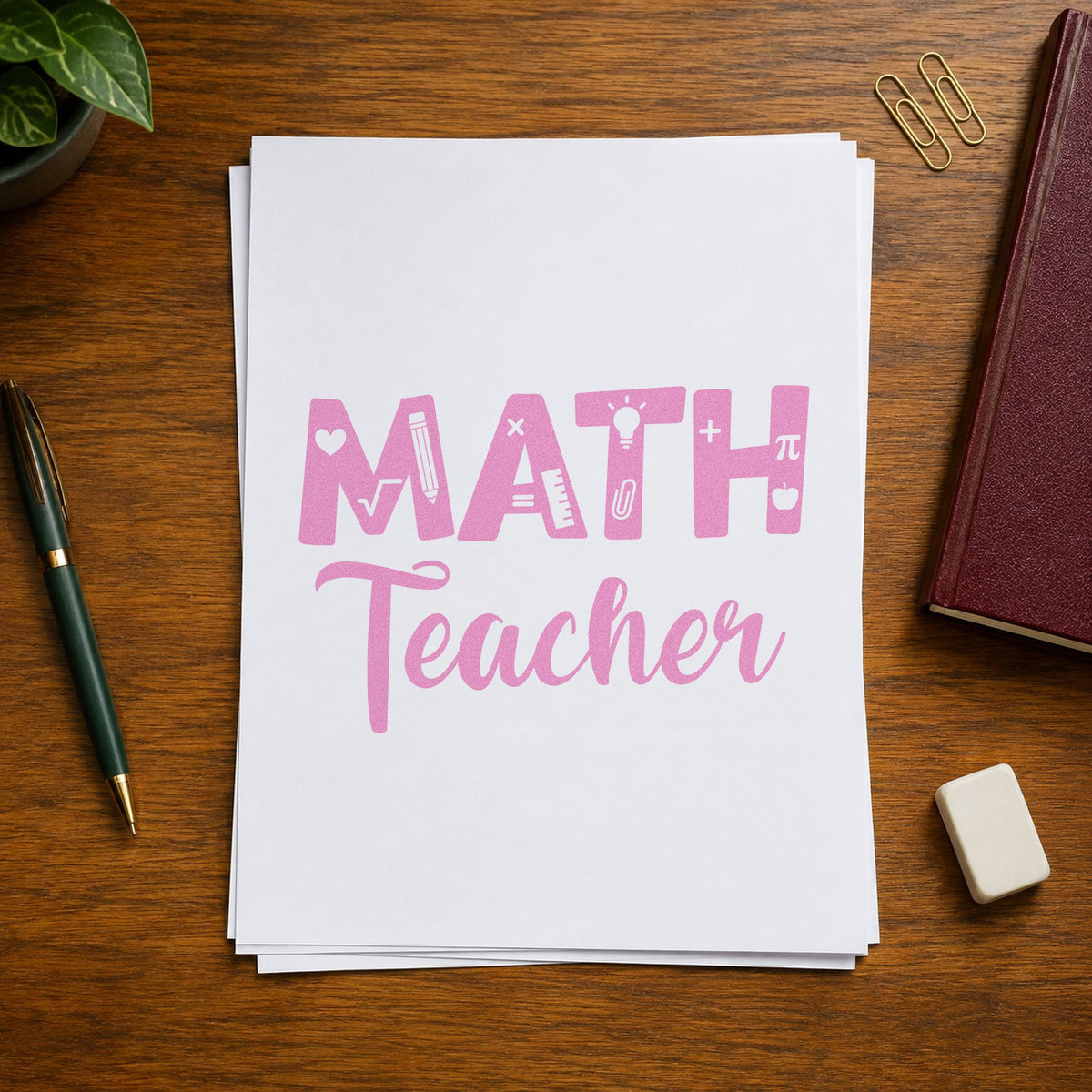 Math Teacher craft stamp in purple ink on cardstock, an easy option for formula sheet tags.