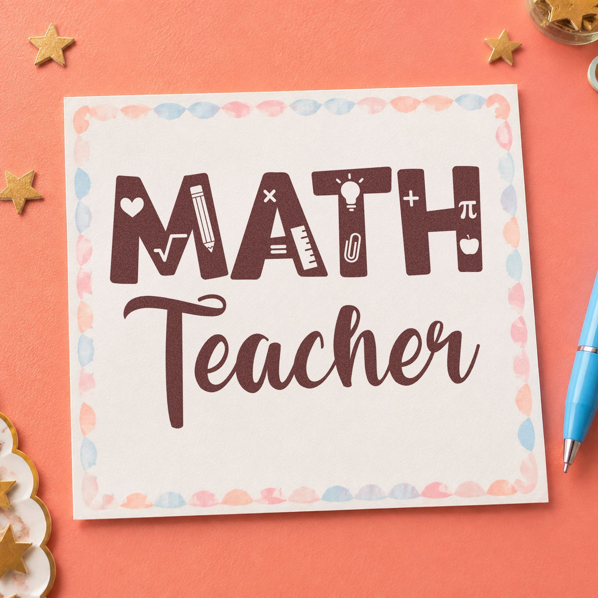 Math Teacher rubber stamp printed in brown ink, ready for number line crafts and similar paper crafts.