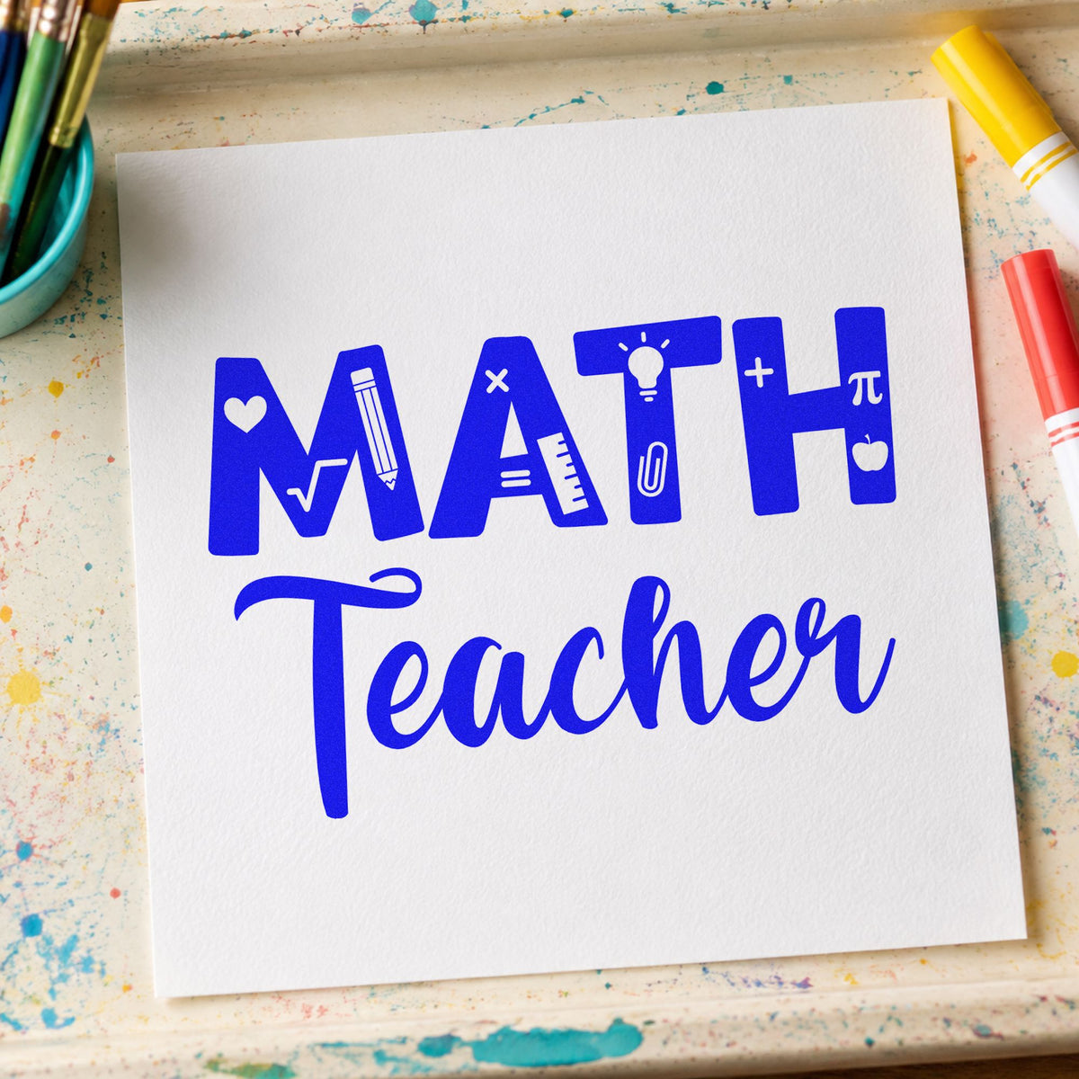 Math Teacher craft stamp imprinted in blue ink on paper, a design suited to manipulative labels.