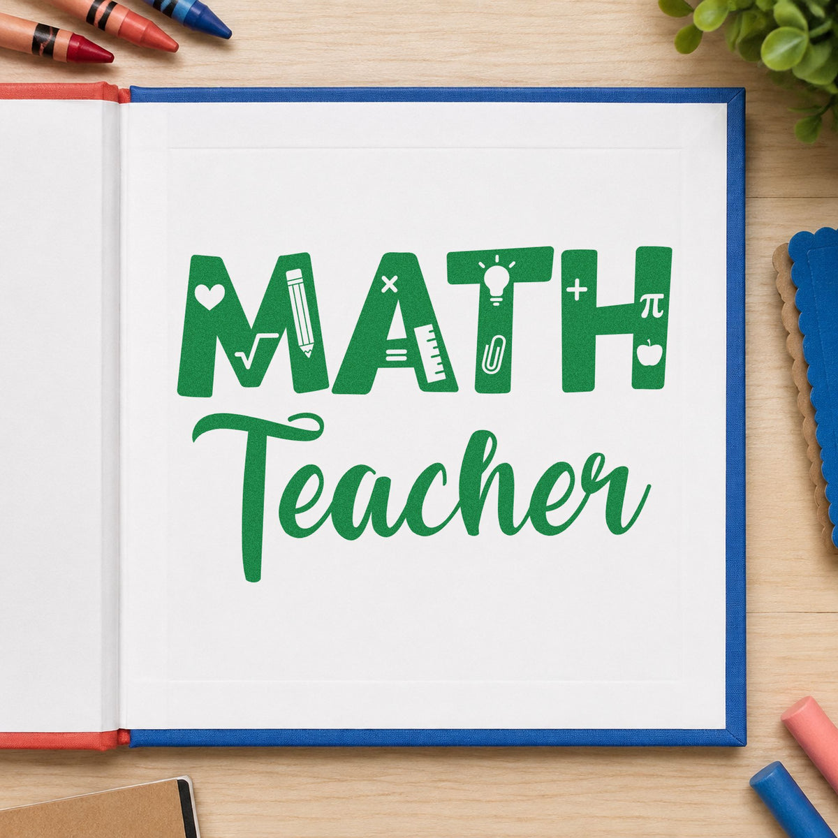 Math Teacher craft stamp imprint in green ink on a handmade project, one idea being framed equation wall.