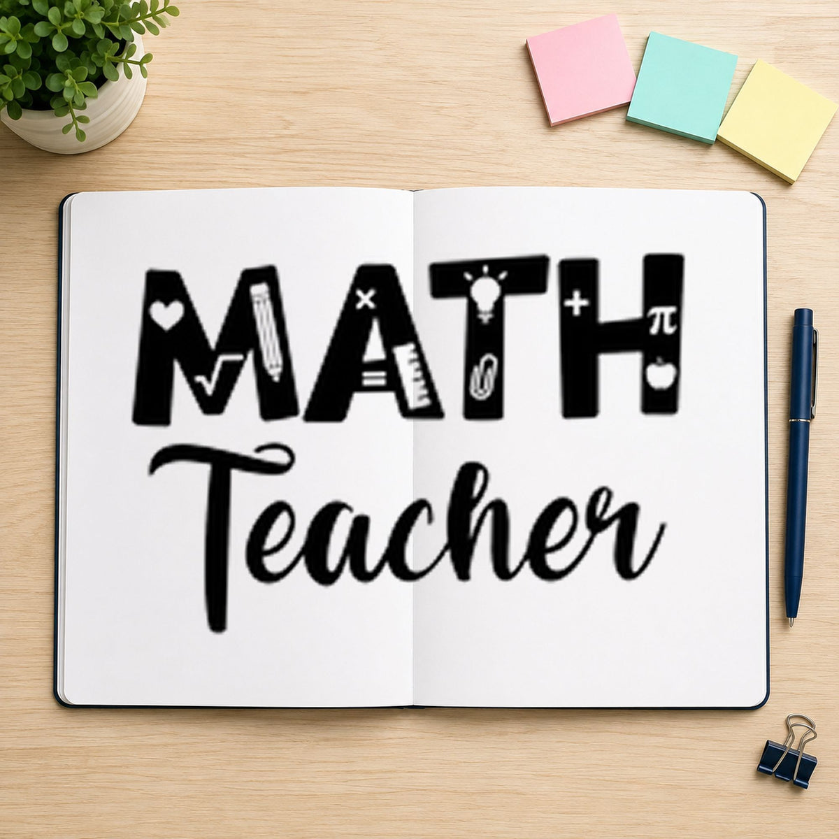 Math Teacher rubber stamp printed in black ink, ready for math symbol cards and similar paper crafts.