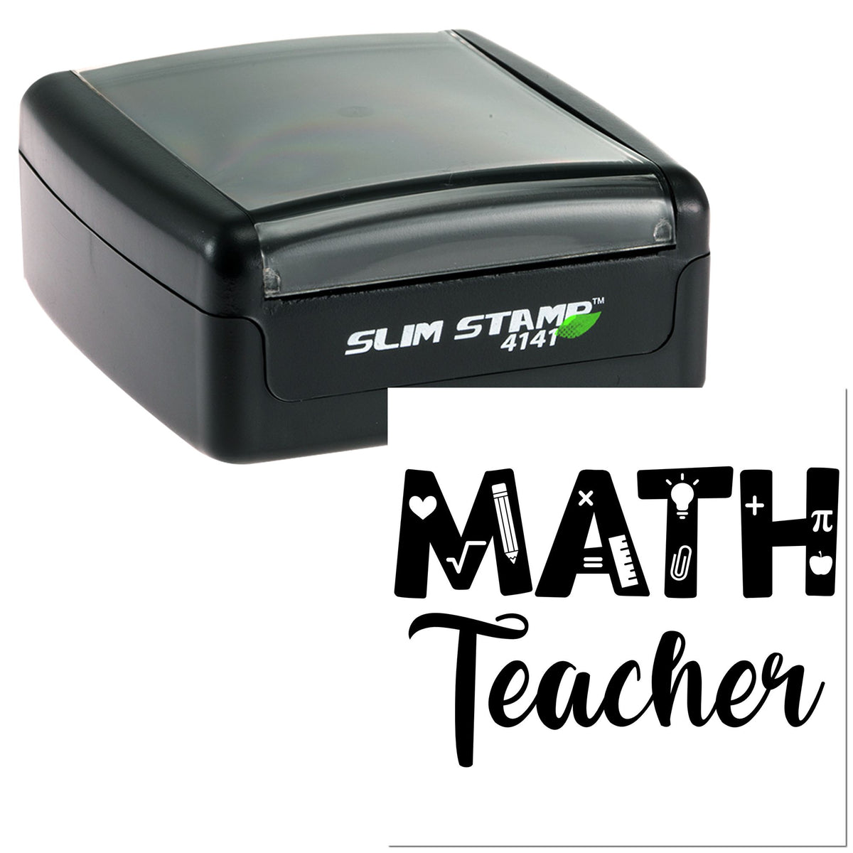 Black Slim Stamp self-inking stamp and MATH Teacher classroom seal with white math icons on a clear cover.