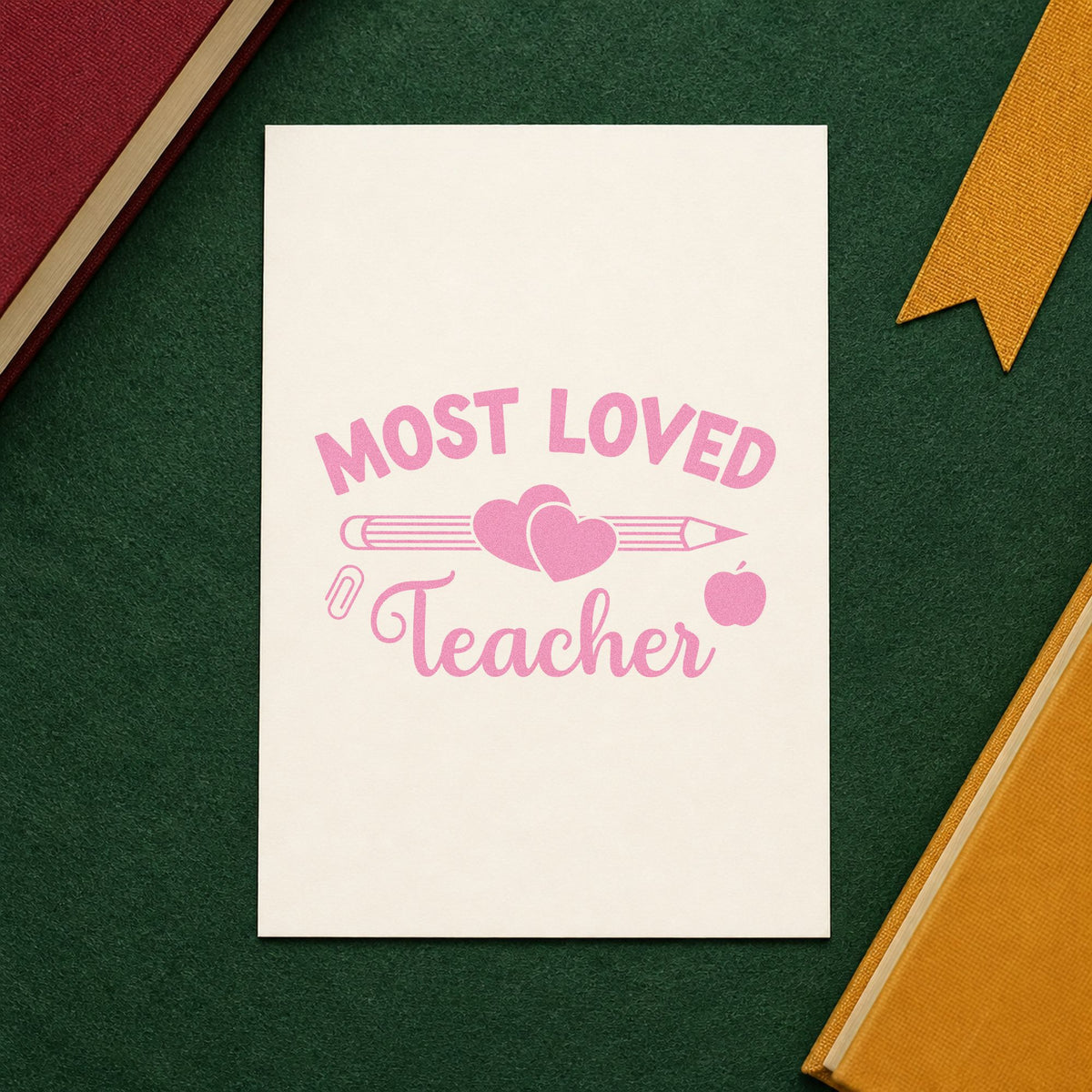 Most Loved Teacher craft stamp in purple ink on cardstock, an easy option for class vote tags.