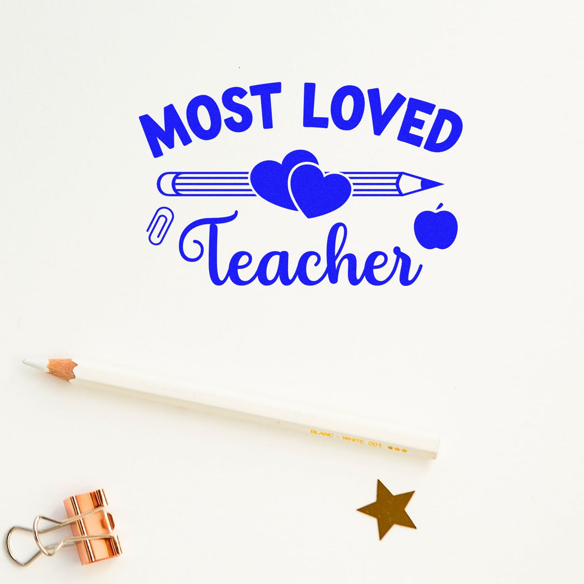 Blue Most Loved Teacher stamp and seal design with hearts, pencil, apple and stationery on white background.