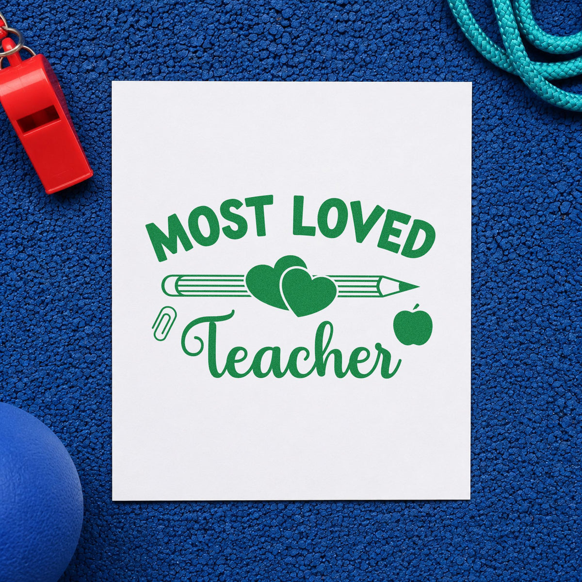 Most Loved Teacher craft stamp imprint in green ink on a handmade project, one idea being signature sheet pages.