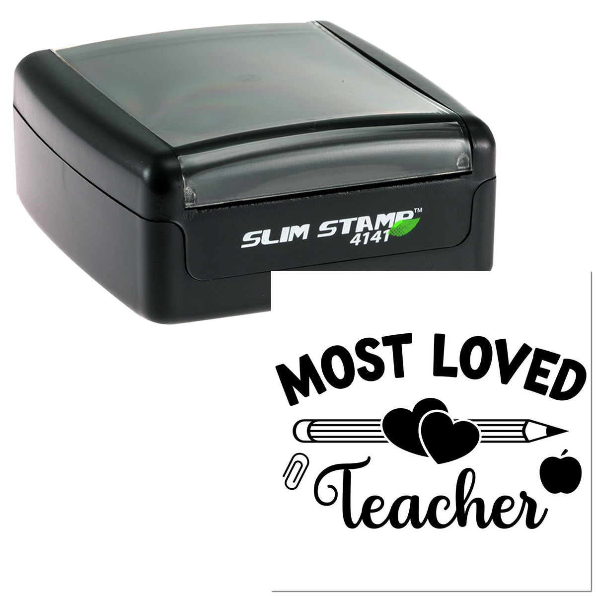 Black slim self-inking stamp and Most Loved Teacher seal with hearts, pencil, and apple design.