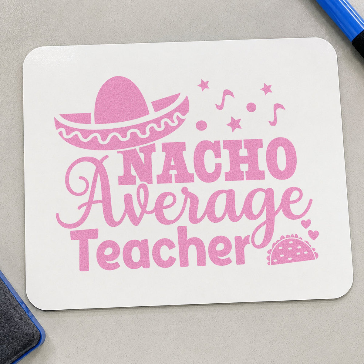 Nacho Average Teacher craft stamp in purple ink on cardstock, an easy option for taco bar tags.