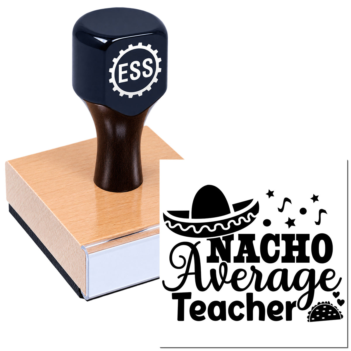 Custom ESS rubber stamp and seal with black handle, pink base, and black "Nacho Average Teacher" design with sombrero.
