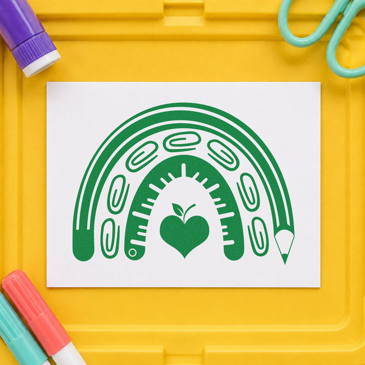 School Supply Rainbow craft stamp imprint in green ink on a handmade project, one idea being wish list pages.