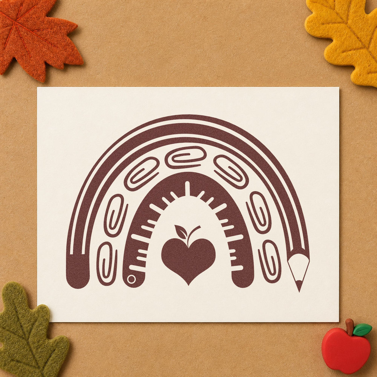 School Supply Rainbow rubber stamp printed in brown ink, ready for pencil cup labels and similar paper crafts.