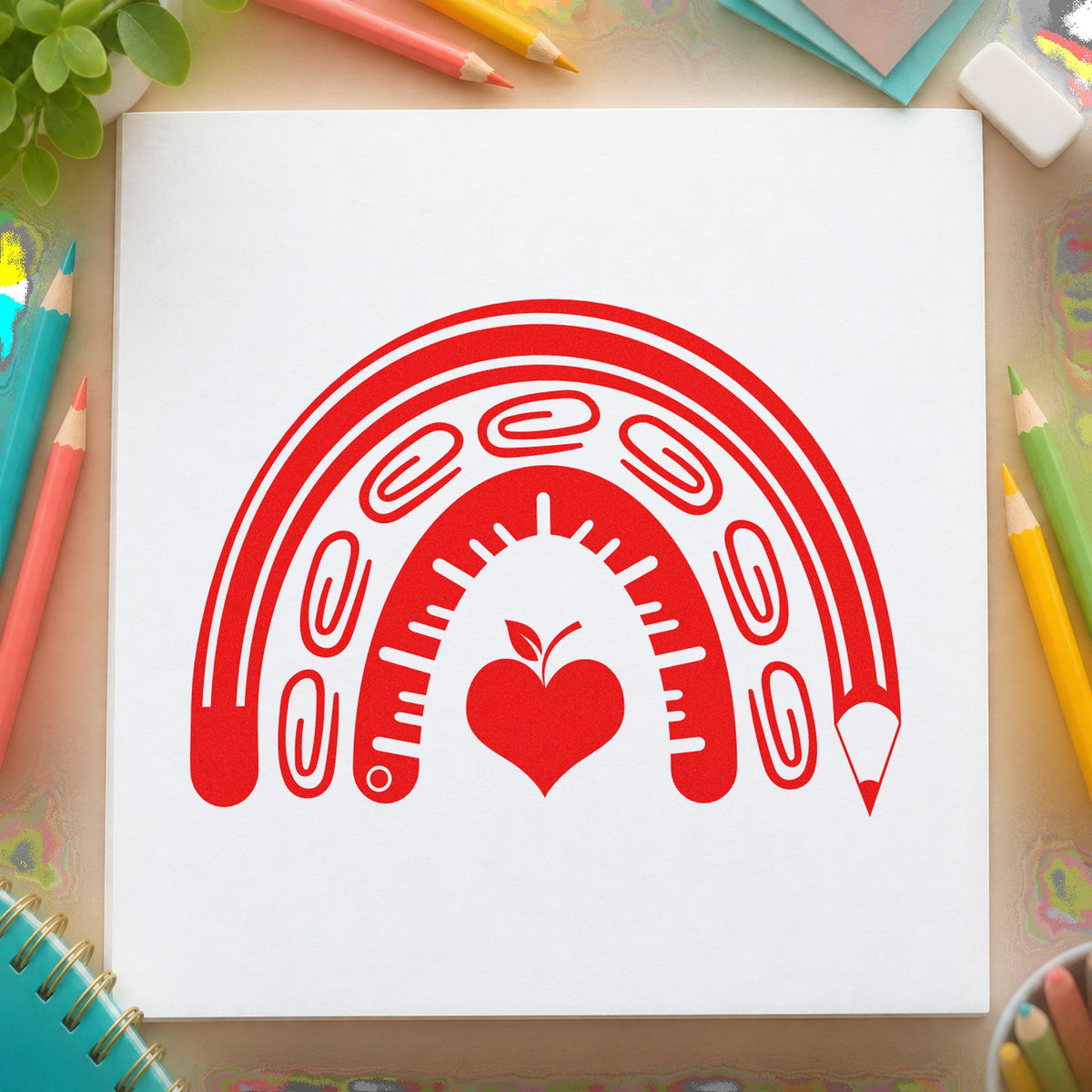 School Supply Rainbow rubber stamp shown in red ink, stamped for projects such as first week notes.