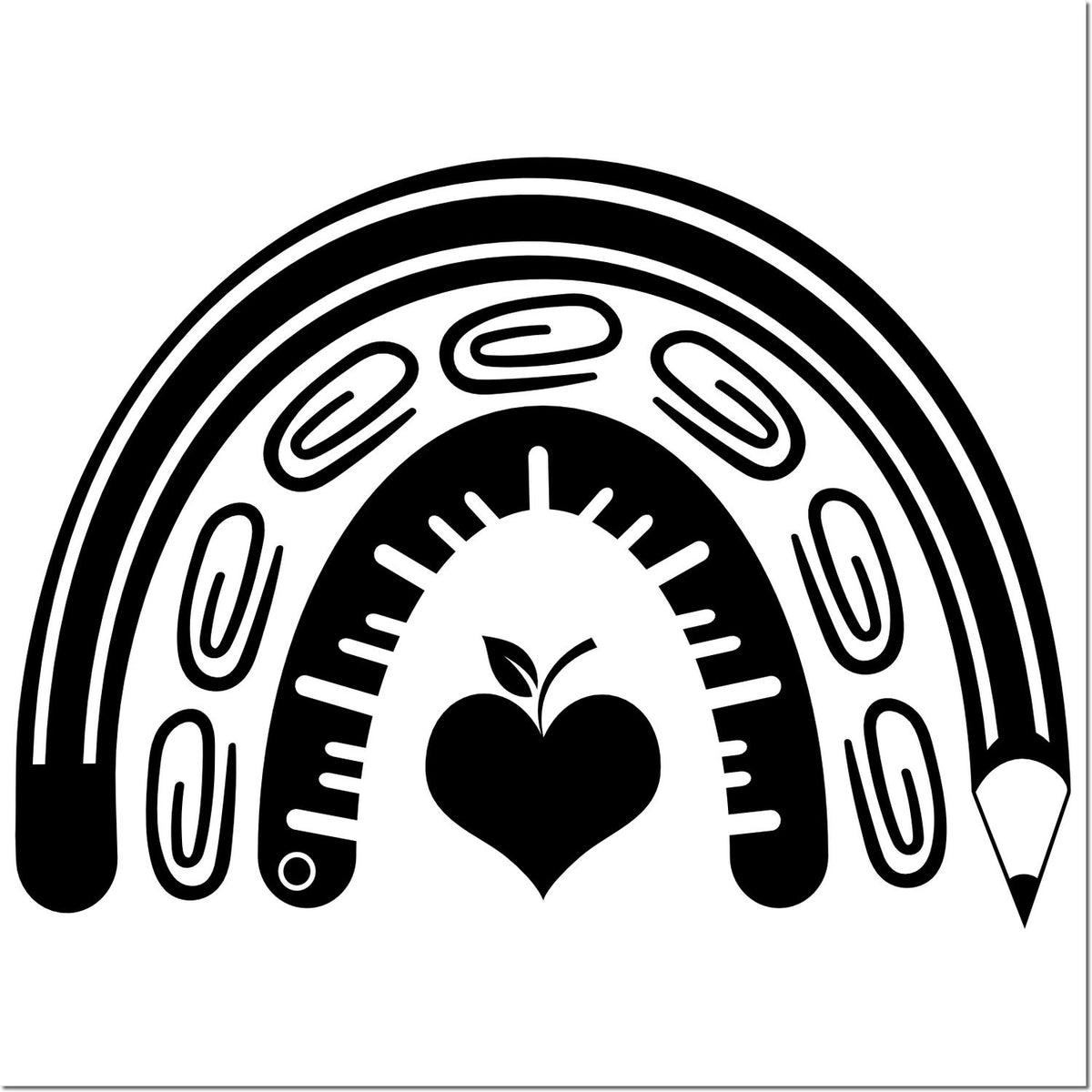 Black-and-white horseshoe magnet stamp seal with paper clips and heart-shaped apple icon