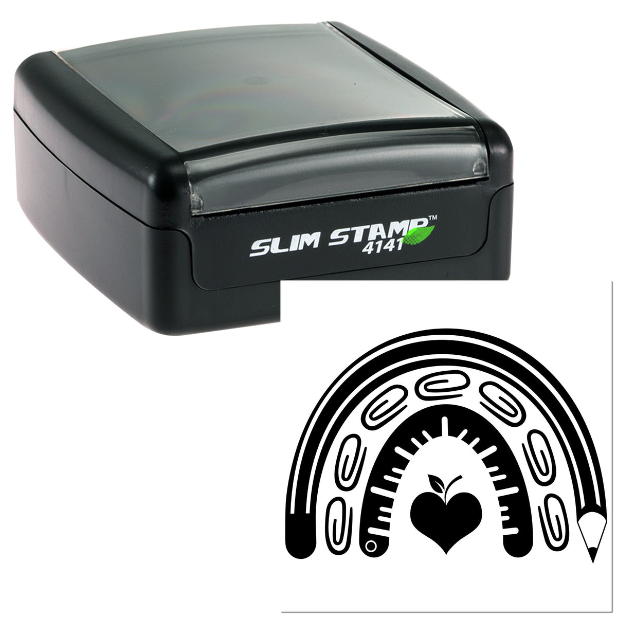 Black Slim Stamp 4141 self-inking stamp with translucent gray top and black custom seal featuring a heart and apple.