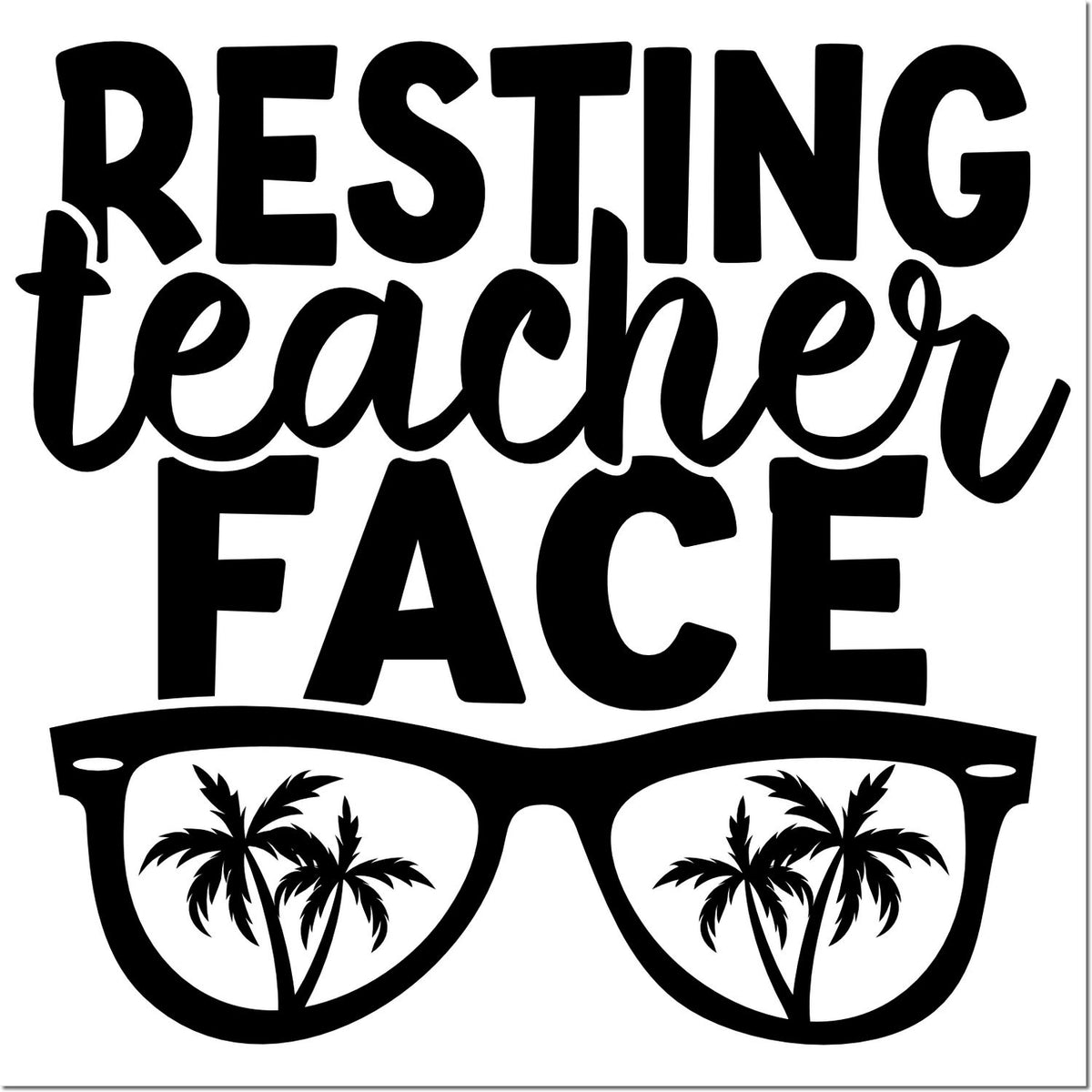 Black resting teacher face stamp design with sunglasses and palm tree silhouettes