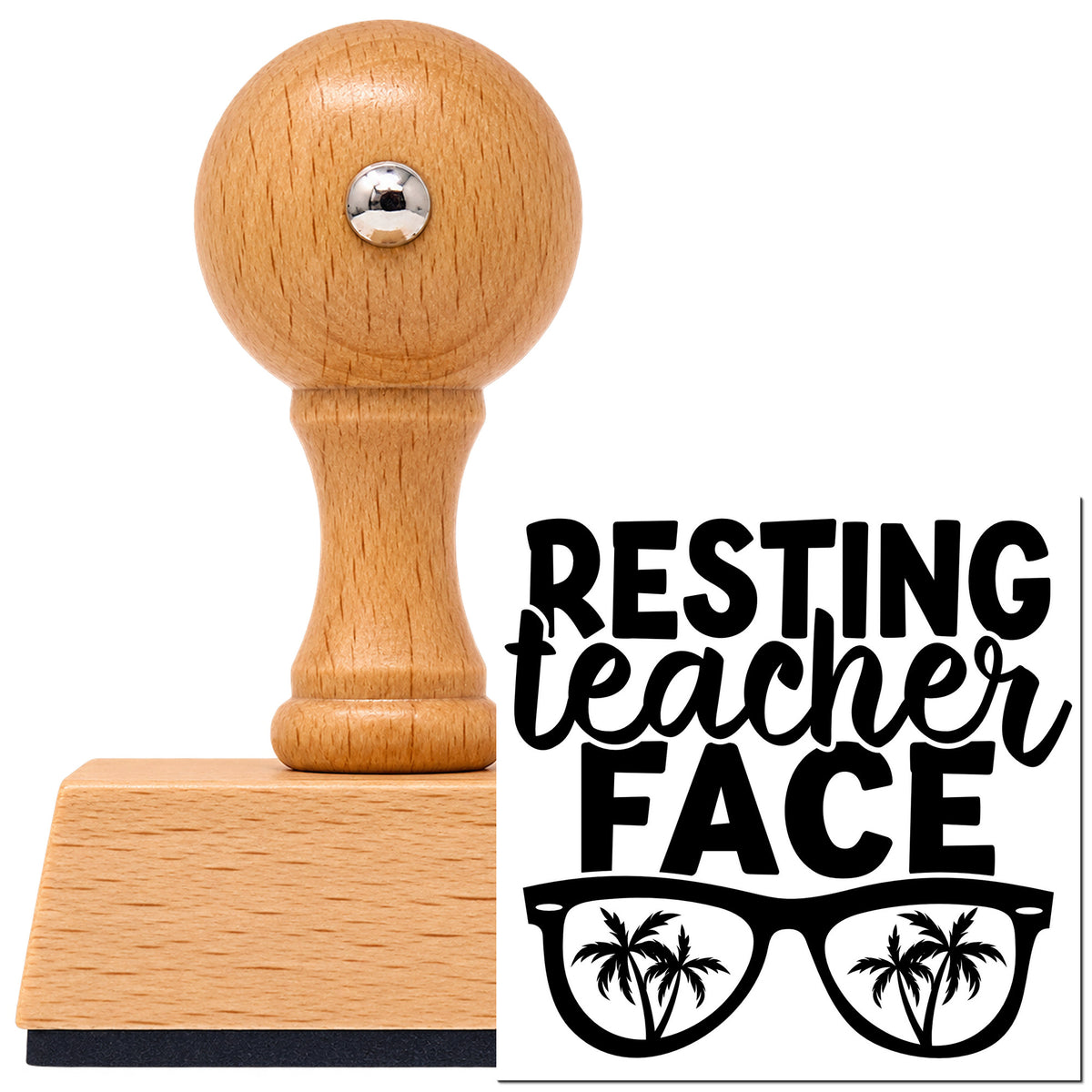 Vintage Pro beech wood stamp with a round knob handle, shown with its black Resting Teacher Face imprint on white.