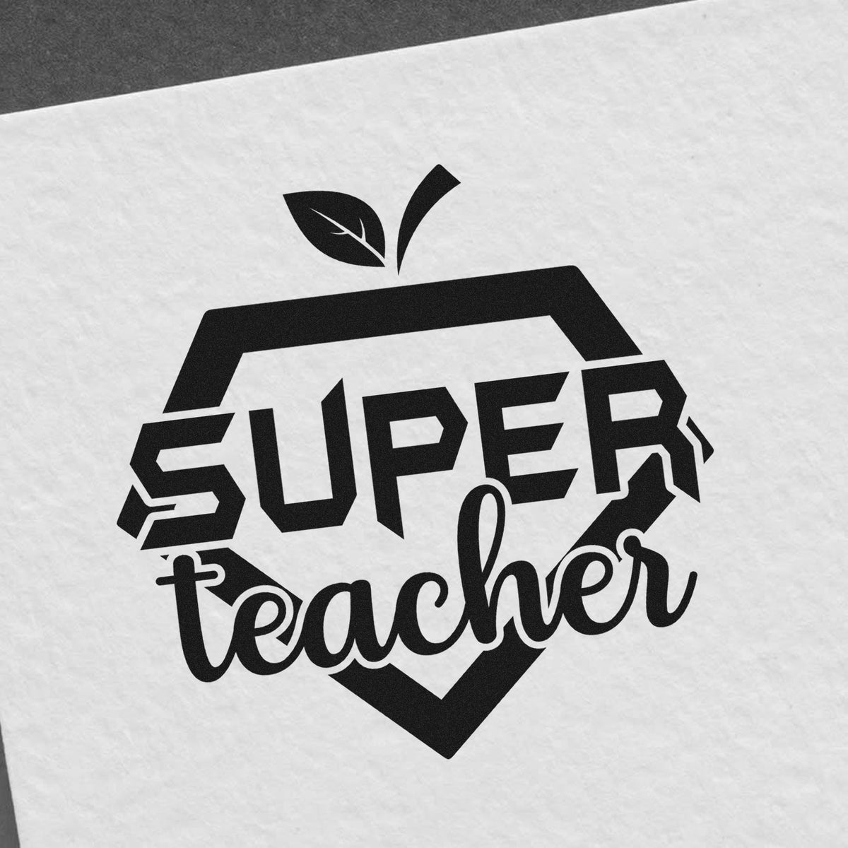 Black Super Teacher custom stamp and seal logo with apple icon on white paper