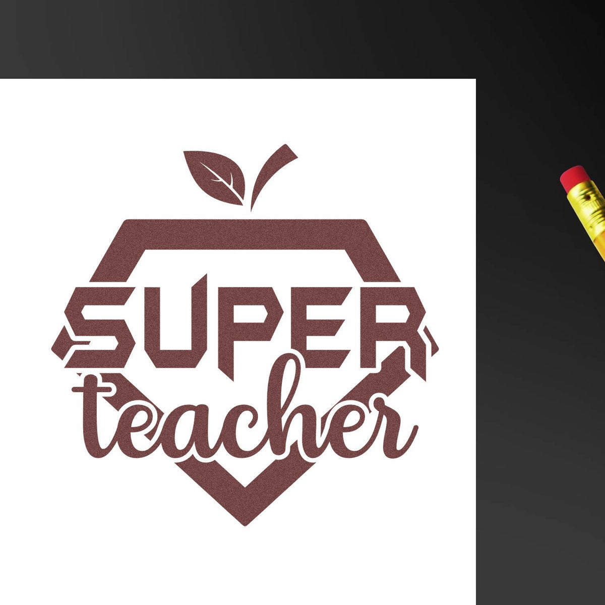 Super Teacher Shield rubber stamp shown in brown ink, stamped for projects such as nominee badge tags.