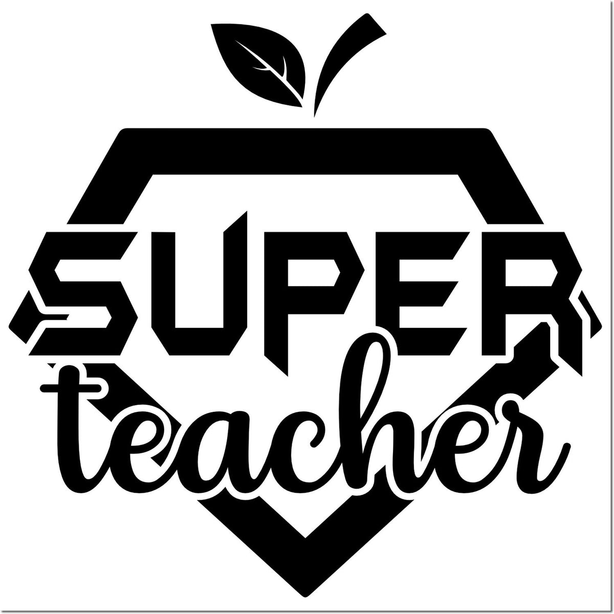 Black-and-white Super Teacher stamp with apple leaf icon and heart-shaped seal outline.