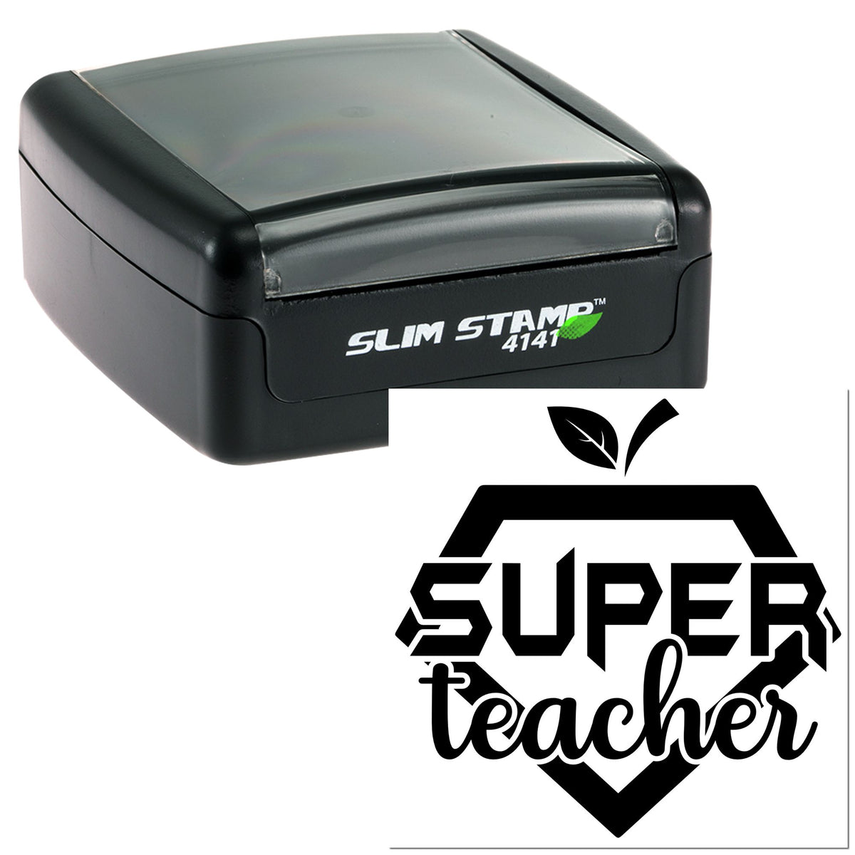 Black Slim Stamp 4141 self-inking stamp with green leaf accent and bold black SUPER teacher seal design.