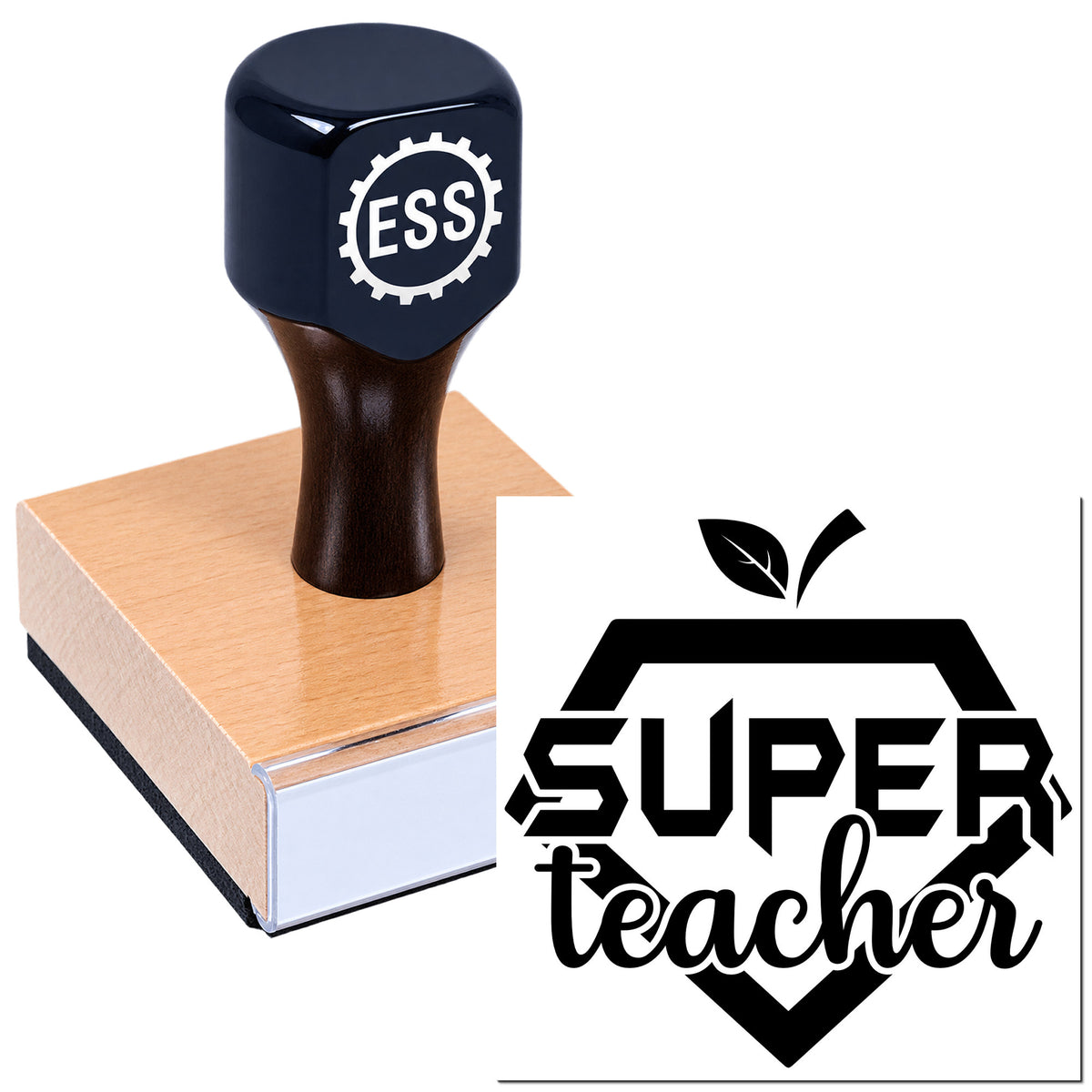 Navy ESS stamp on a wooden block beside a black SUPER teacher seal logo with leaf icon.
