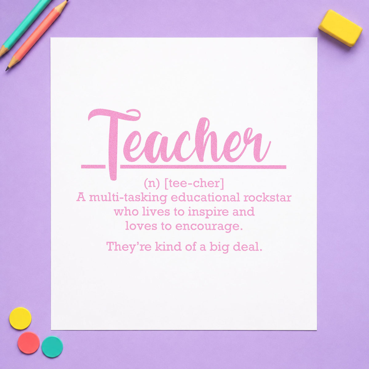 Teacher Definition craft stamp in purple ink on cardstock, an easy option for dictionary page tags.