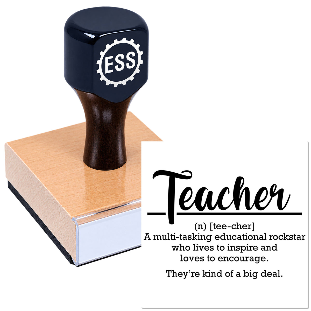 Navy ESS teacher stamp and seal on a pink-and-white block, with "Teacher" definition text.