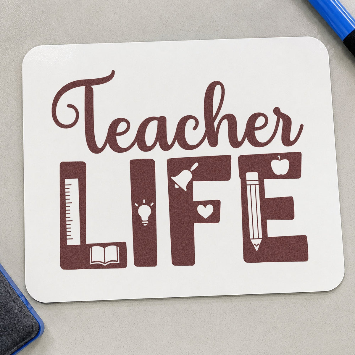 Teacher Life Supplies rubber stamp printed in brown ink, ready for tumbler wrap labels and similar paper crafts.