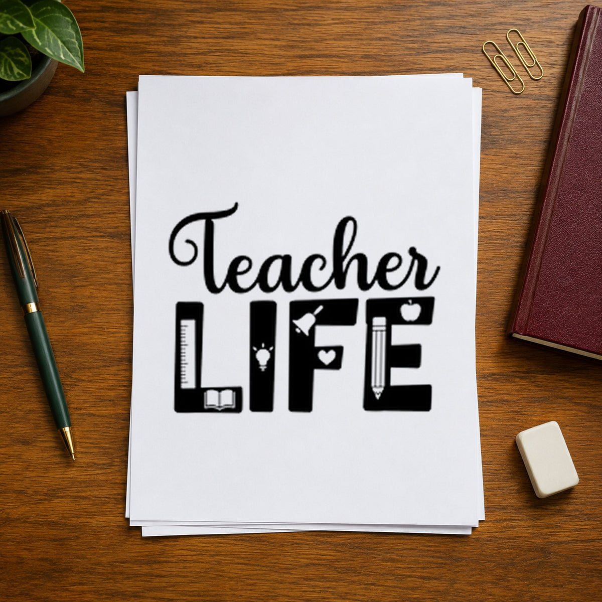 Teacher Life Supplies rubber stamp printed in black ink, ready for supply life cards and similar paper crafts.
