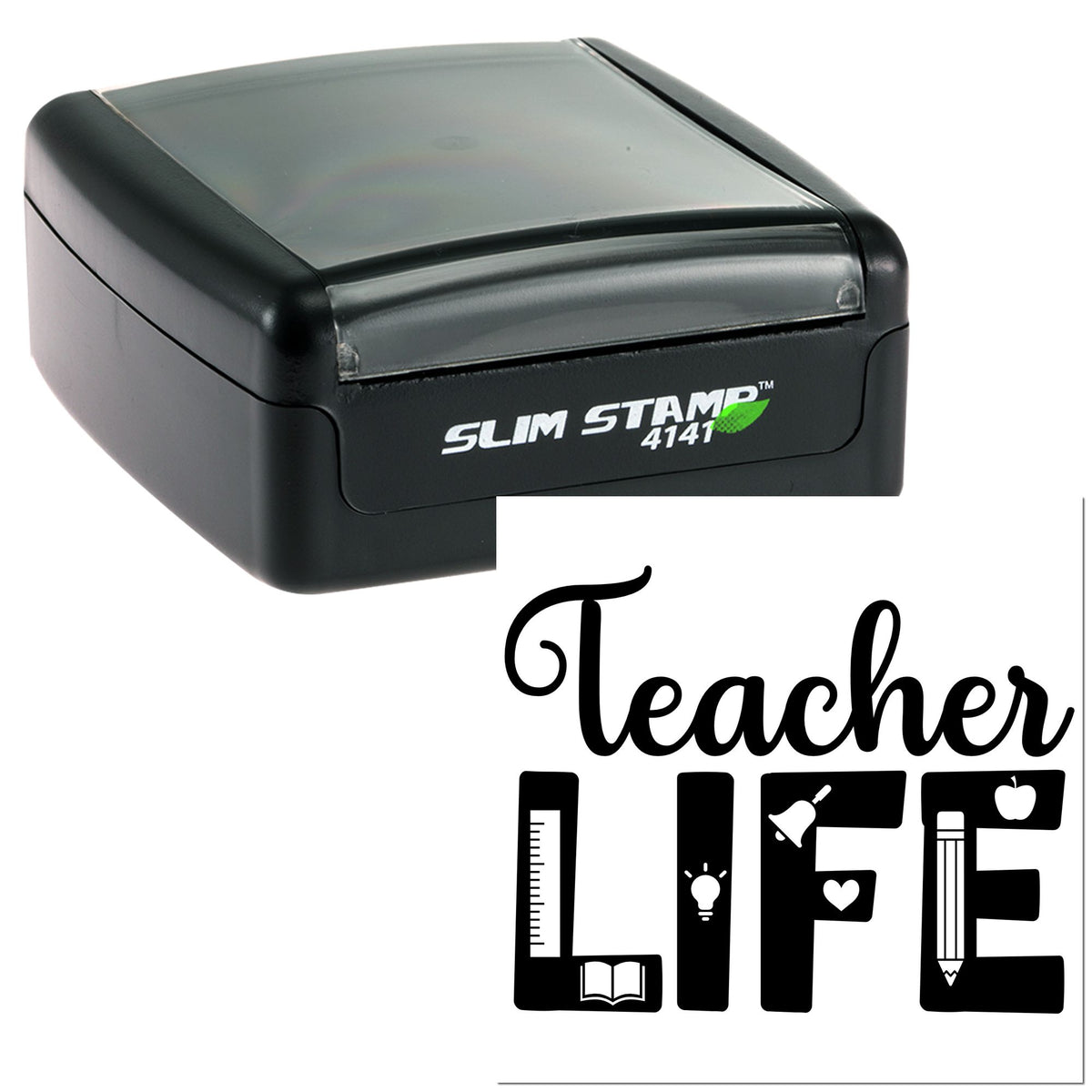 Black Slim Stamp 4141 self-inking teacher life stamp with white lettering and school-themed icons on a black seal case.
