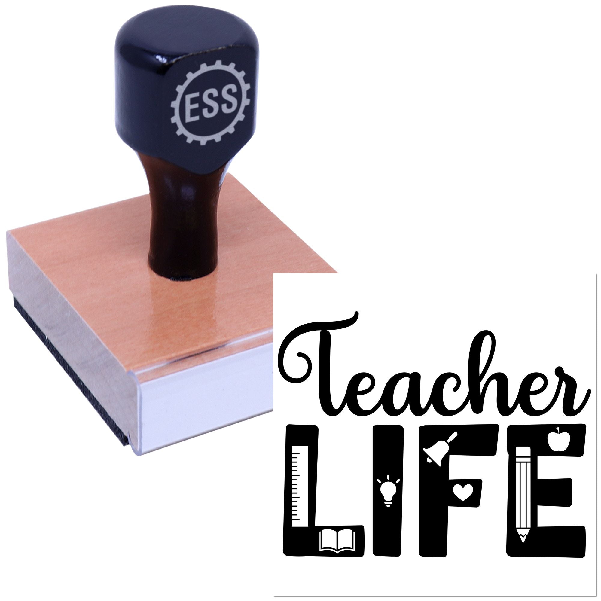 Black ESS stamp and seal on a peach-and-white block with Teacher Life lettering and school icons on white.