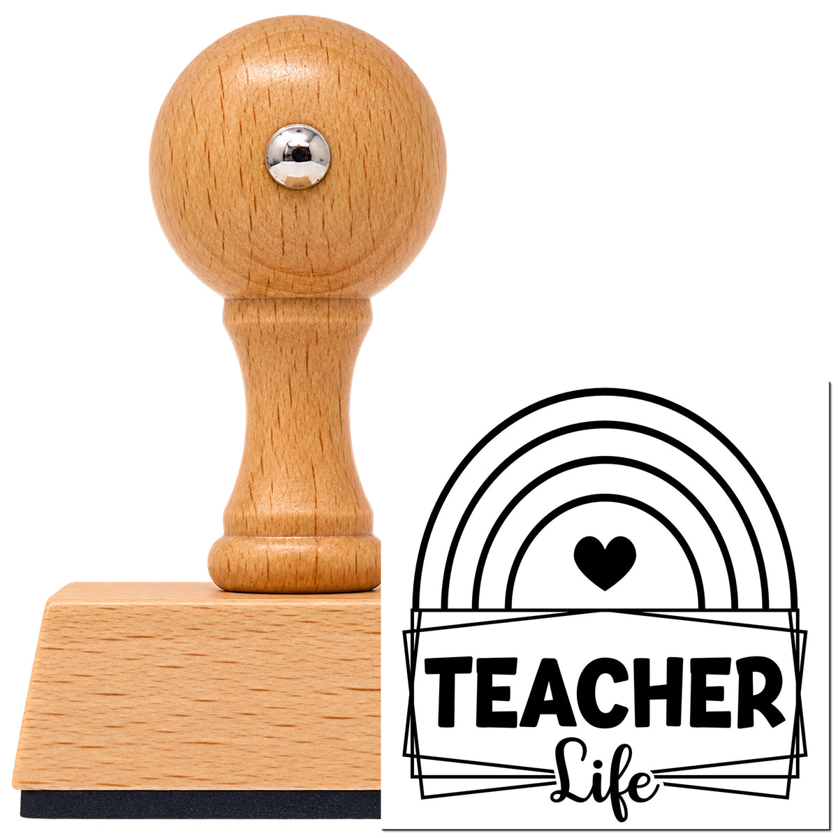 Vintage Pro beech wood stamp with a round knob handle, shown with its black Teacher Life Rainbow Frame imprint on white.