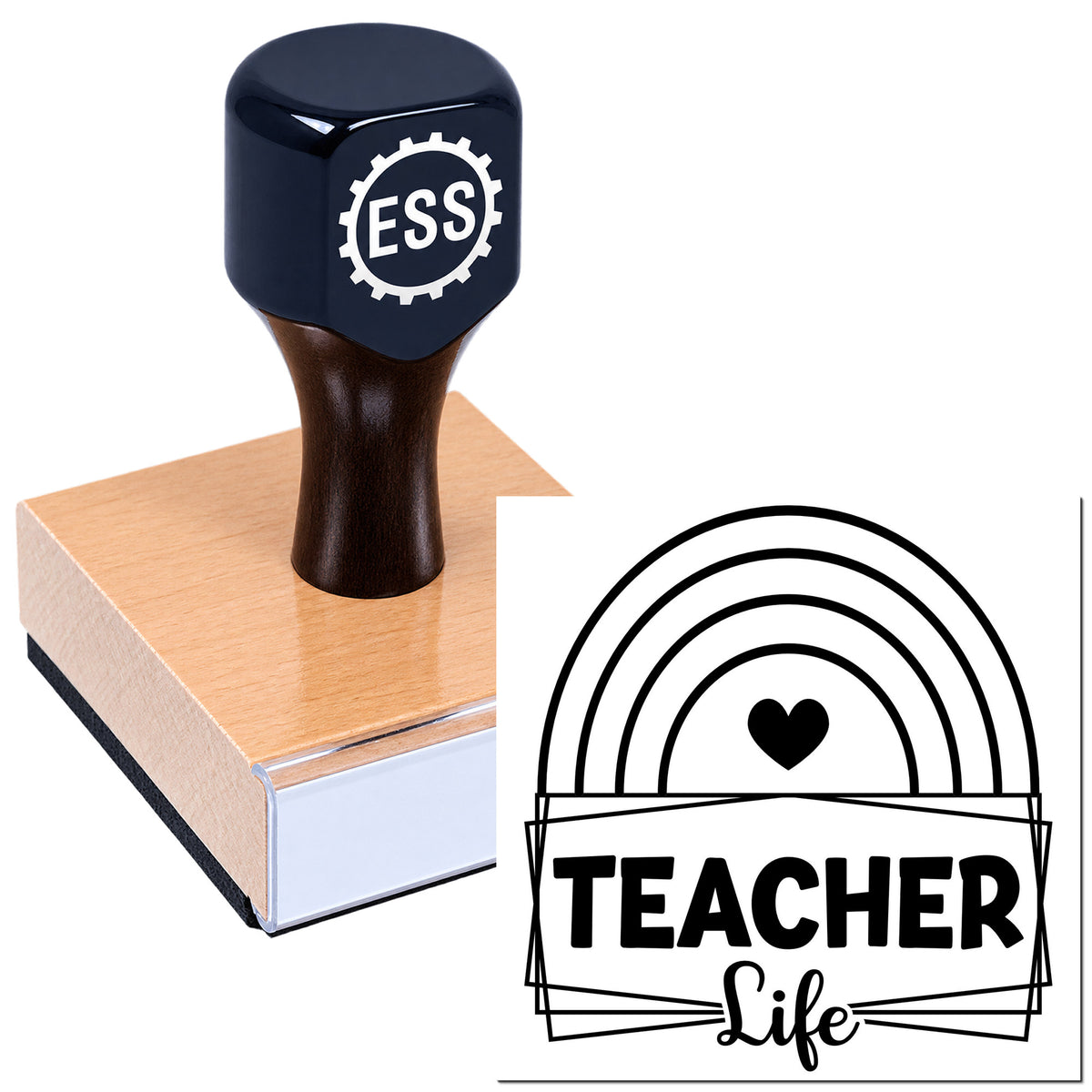 Dark navy ESS stamp on copper base beside black Teacher Life rainbow heart seal design.