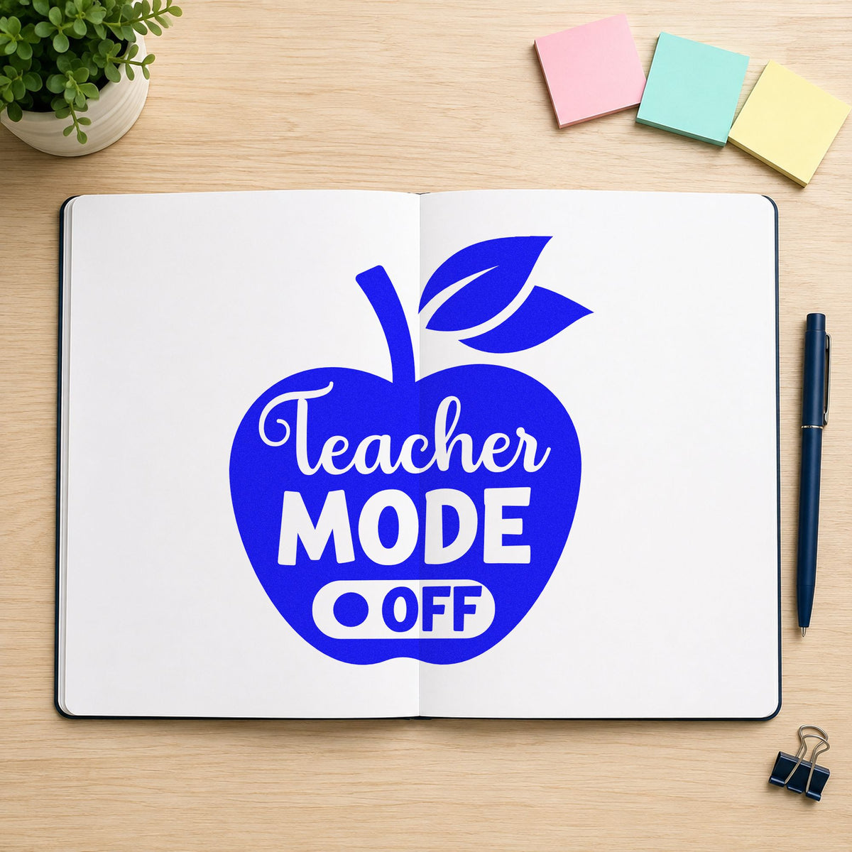 Teacher Mode Off Apple craft stamp in blue ink on cardstock, an easy option for pajama cuff panels.