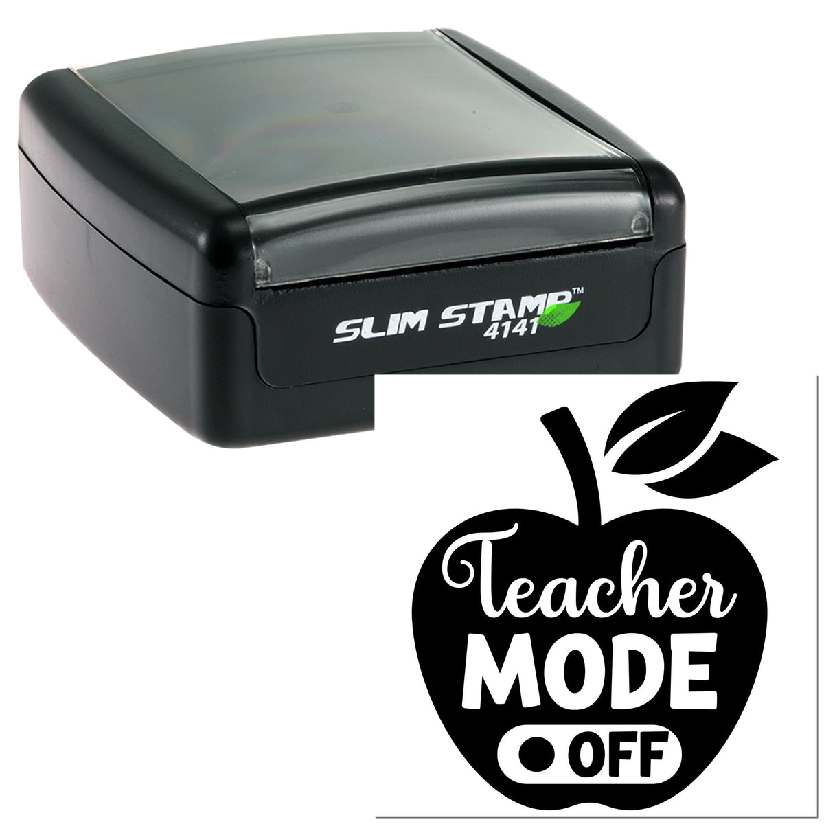 Black self-inking Slim Stamp 4141 with white Teacher Mode Off apple seal on white background