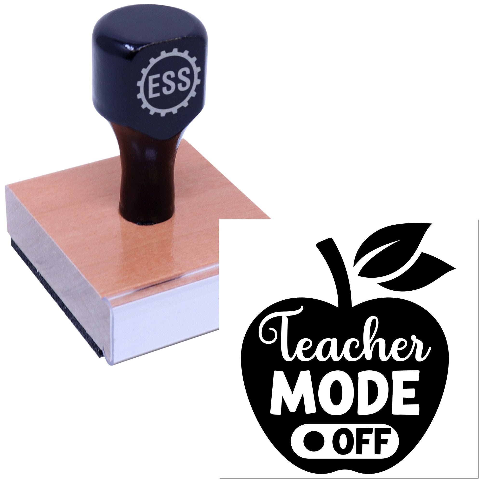 Dark navy ESS self-inking stamp on brown pad with black apple seal reading Teacher MODE OFF.