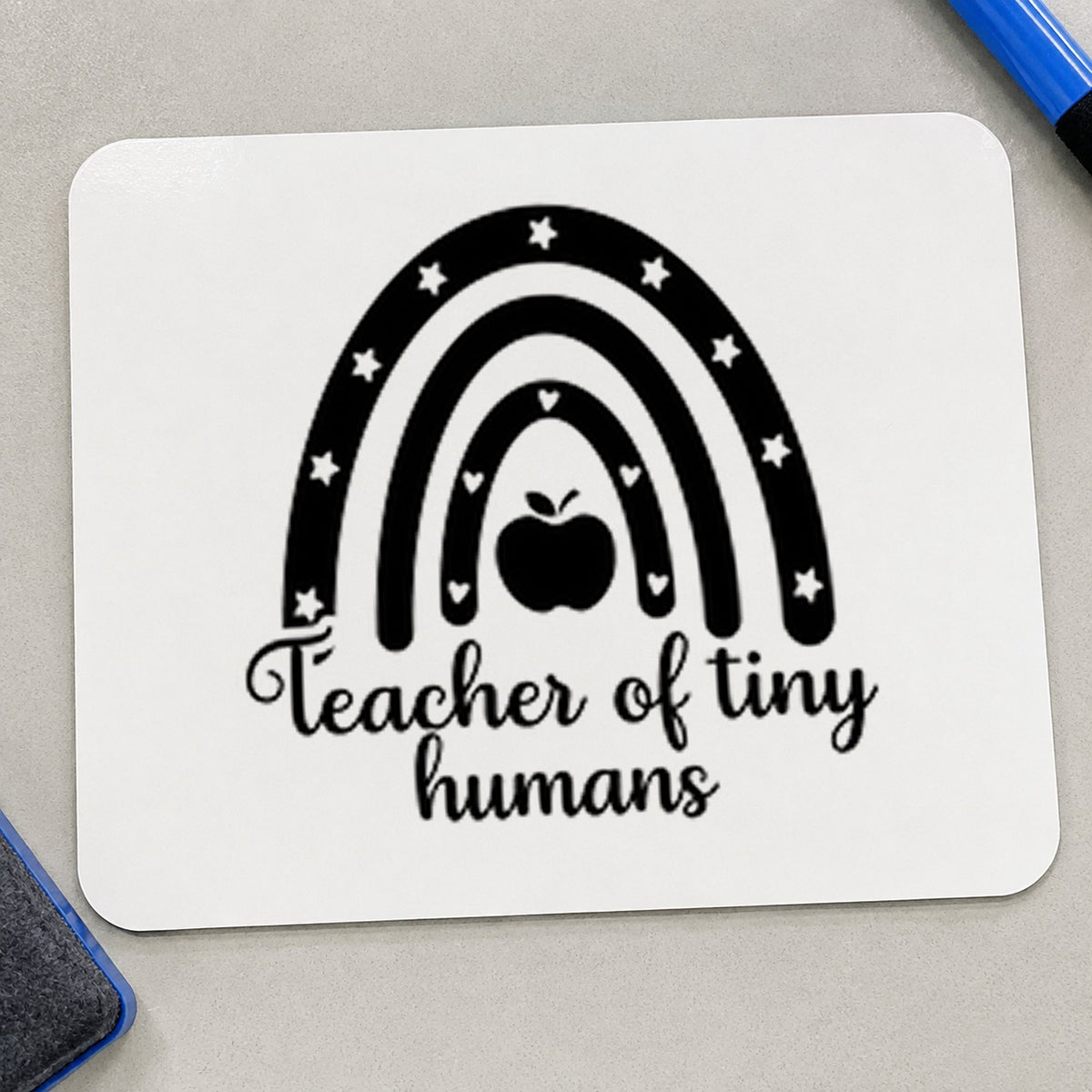 Teacher of Tiny Humans Rainbow rubber stamp printed in black ink, ready for tiny rainbow cards and similar paper crafts.