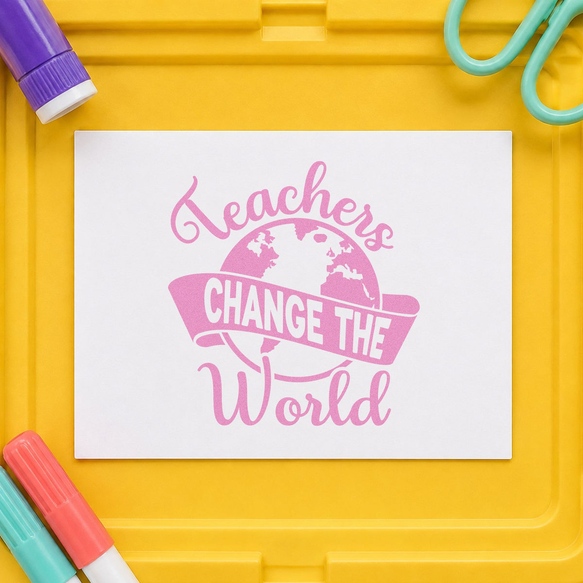 Teachers Change the World Banner craft stamp in purple ink on cardstock, an easy option for exchange trip tags.