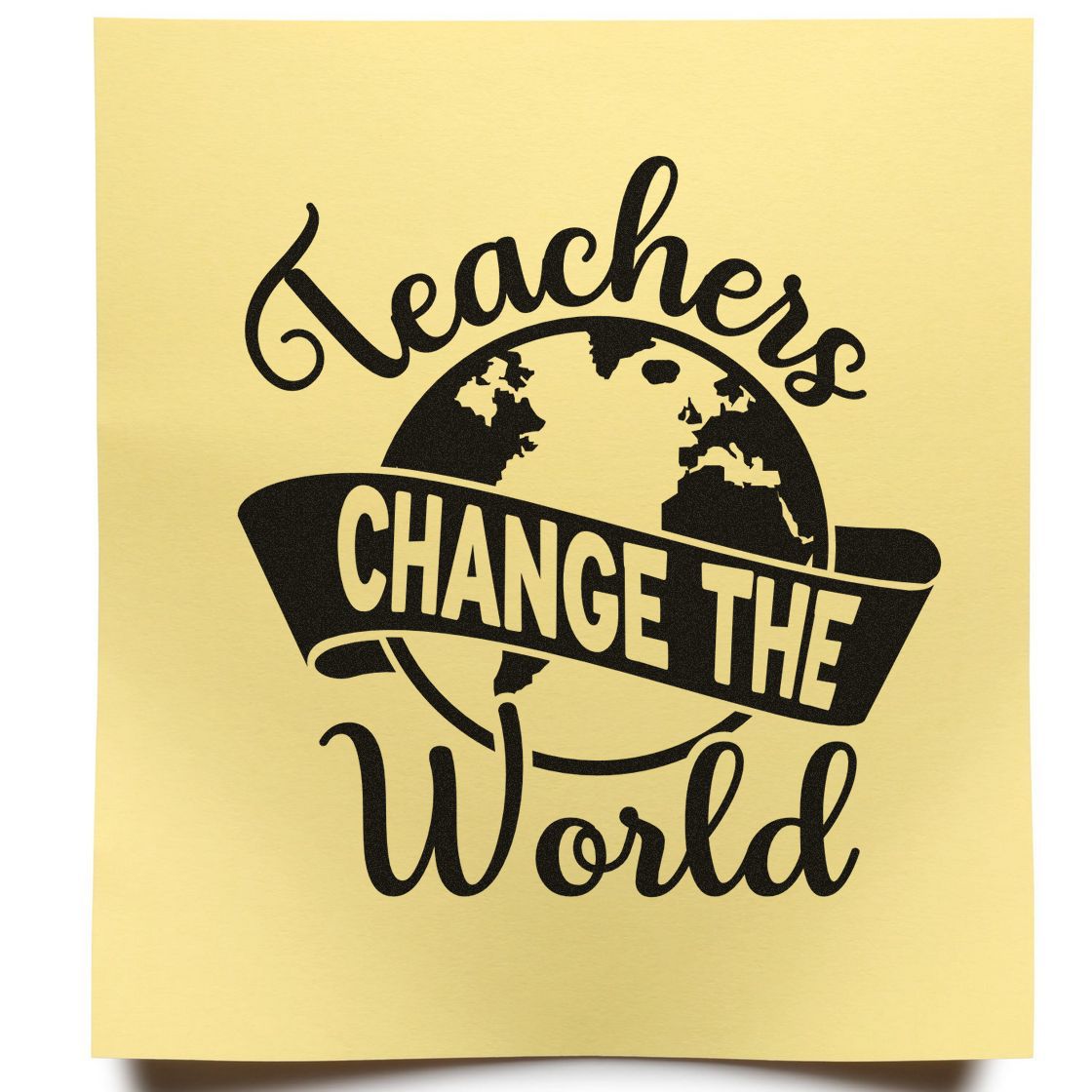 Black teachers stamp seal with globe and bold Change the World text on pale yellow background.