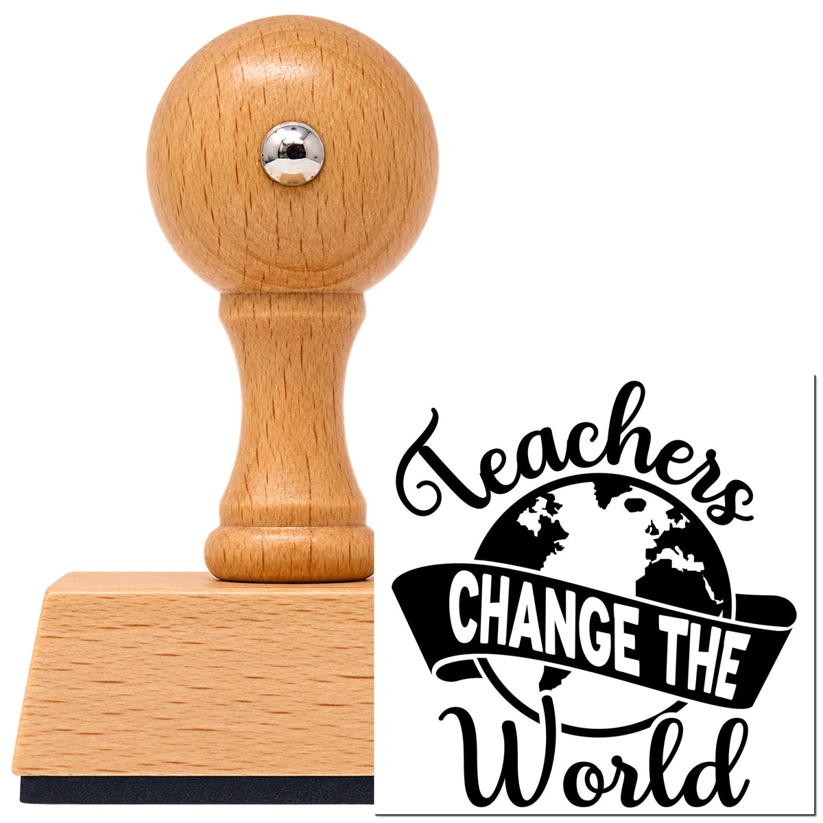 Vintage Pro beech wood stamp with a round knob handle, shown with its black Teachers Change The World imprint on white.