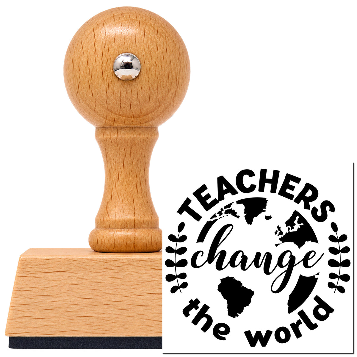 Vintage Pro beech wood stamp with a round knob handle, shown with its black Teachers Change World Globe imprint on white.